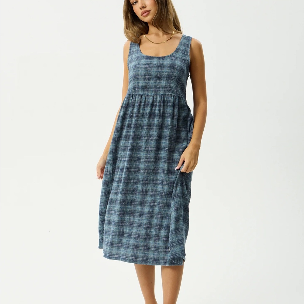 Afends Navy Check Seersucker Midi Dress NWOT